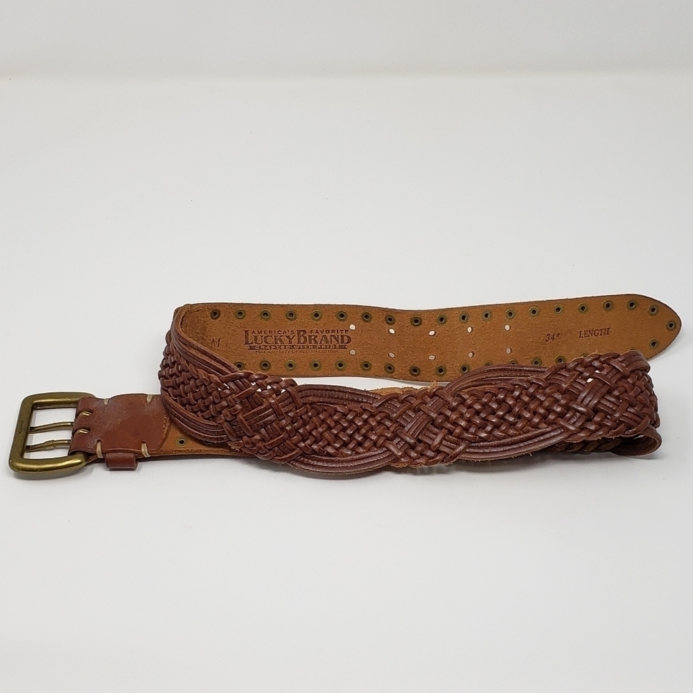 Lucky Brand 34 inch Wide Band Braided Belt with Brass Tone Details, Brown Genuin